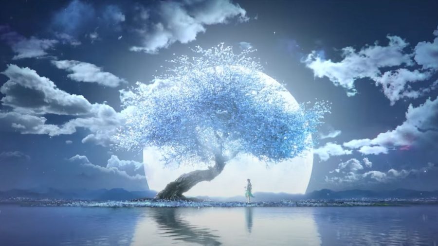 A screenshot from a trailer for Jade Dynasty: New Fantasy, showing a woman stood at the base of a massive tree with white leaves, on a tiny island surrounded by water, the moon massive in the background.
