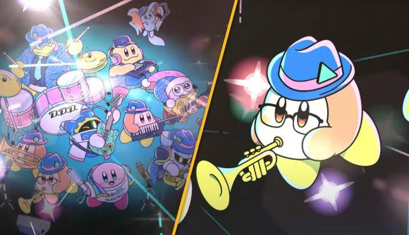 Key art shows a selection of Kirby characters playing instruments