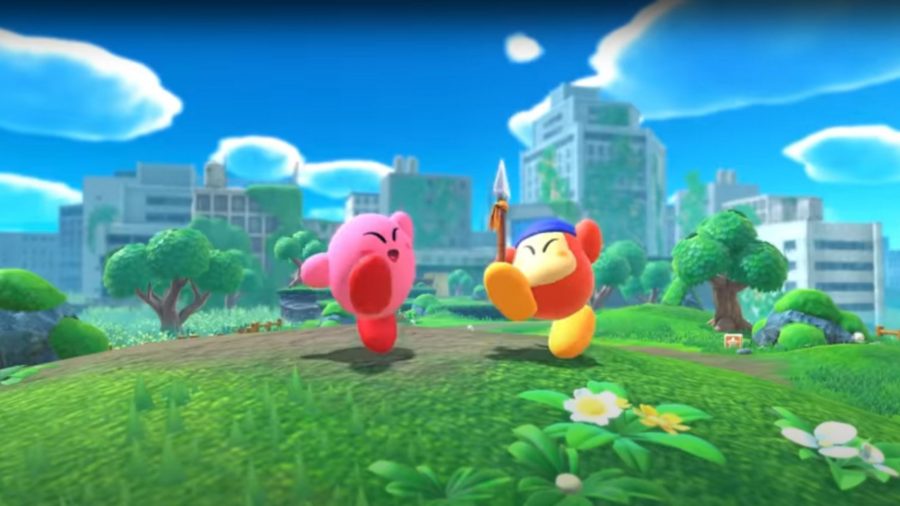 Kirby and Waddle Dee jumping for joy