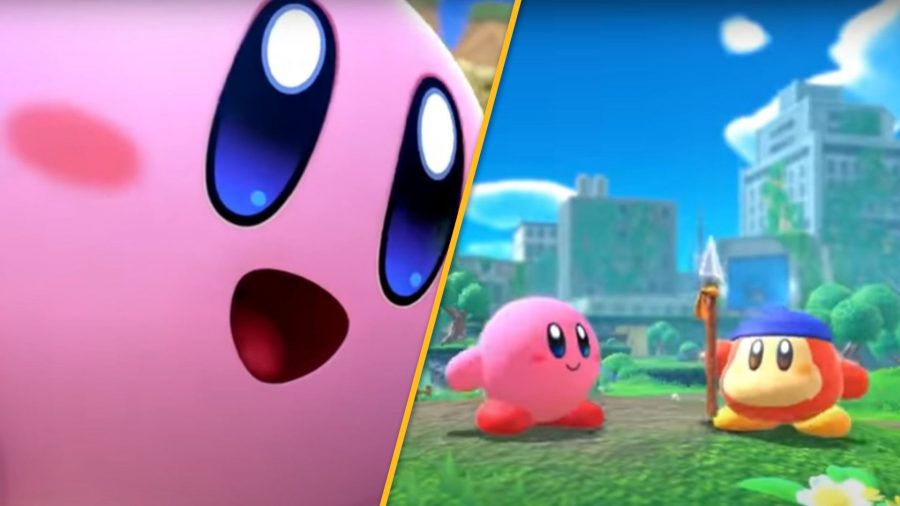 A close up of Kirby, and Kirby and Waddle Dee in a field