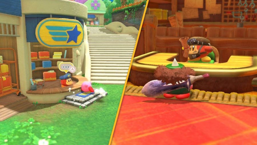 Kirby stands next to a waddle dee outside, and later Kirby approaches one behind a counter