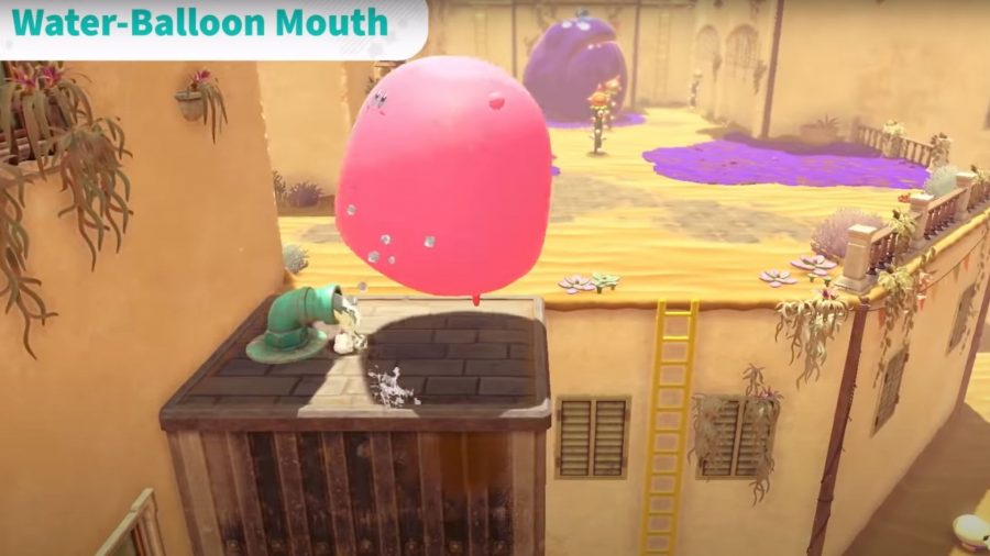 Kirby in water-balloon mode, full of water, jiggling.
