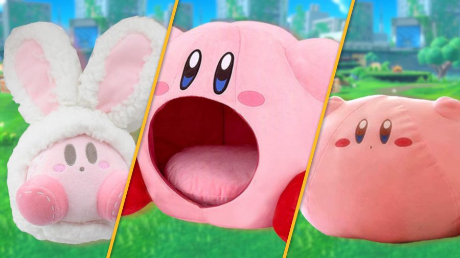 Three Kirby plushies. On the left, a bunny Kirby plush, on the right, a bean bag Kirby plush, in the middle, a big mouth Kirby plush.