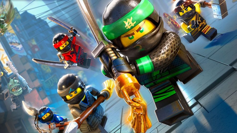 Various Lego Ninjago characters rushing forward with swords wielded.