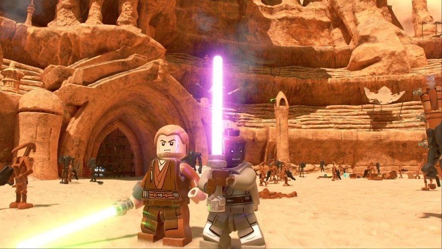 Mace Windu in the Geonosian colosseum in LEGO Star Wars: The Skywalker Saga.