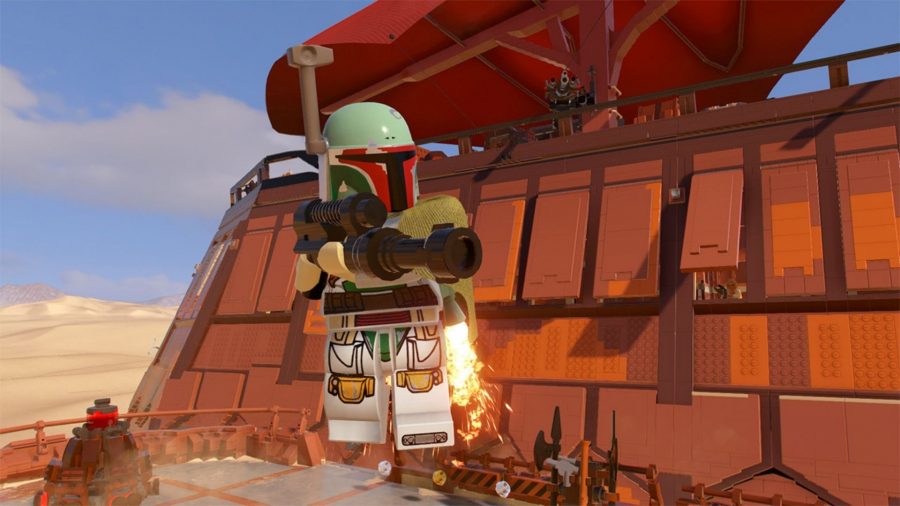 Bobby Fett flying in front of Jabbas big sand speeder in LEGO Star Wars: The Skywalker Saga.