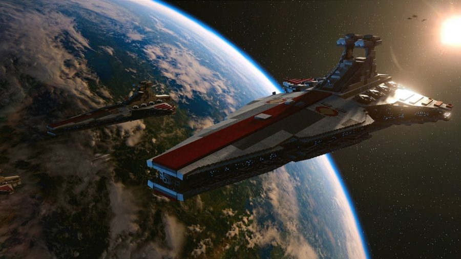 Two ships pass by a planet that looks like earth in Lego Star Wars: The Skywalker Saga.
