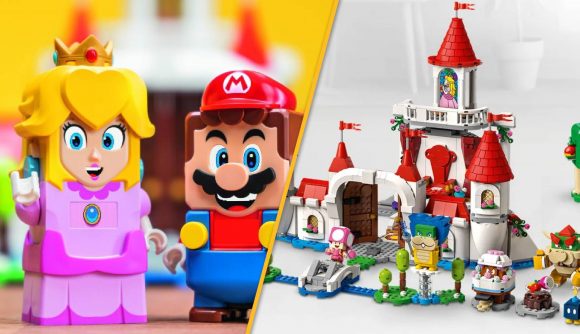 Lego versions of Princess Peach and Mario are shown next to a lego version of Peach's castle