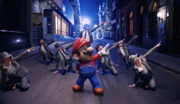 MAR10 Day celebrations commence as Mario dances with an entourage on the streets of New Donk City, taken from the Super Mario Odyssey trailer.