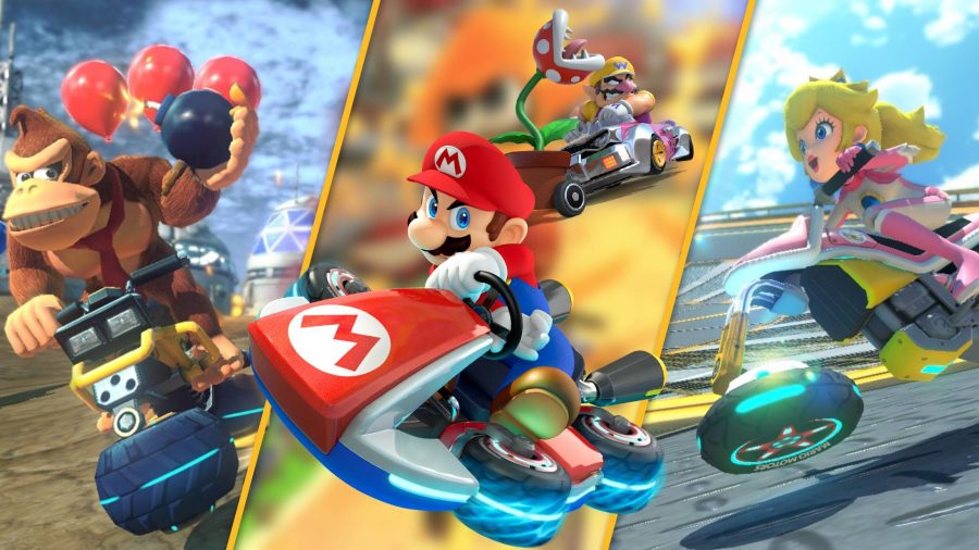 Mario kart 8 characters: several charactes from Mario kart 8 deluxe are shown racing