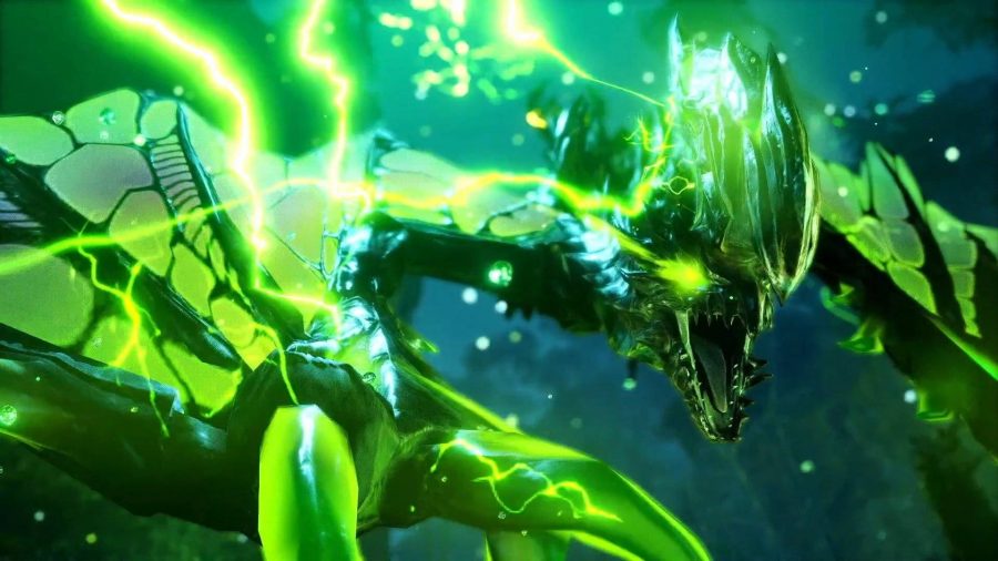 An imposing green wyvern crackles with electricity as they lunge forwards