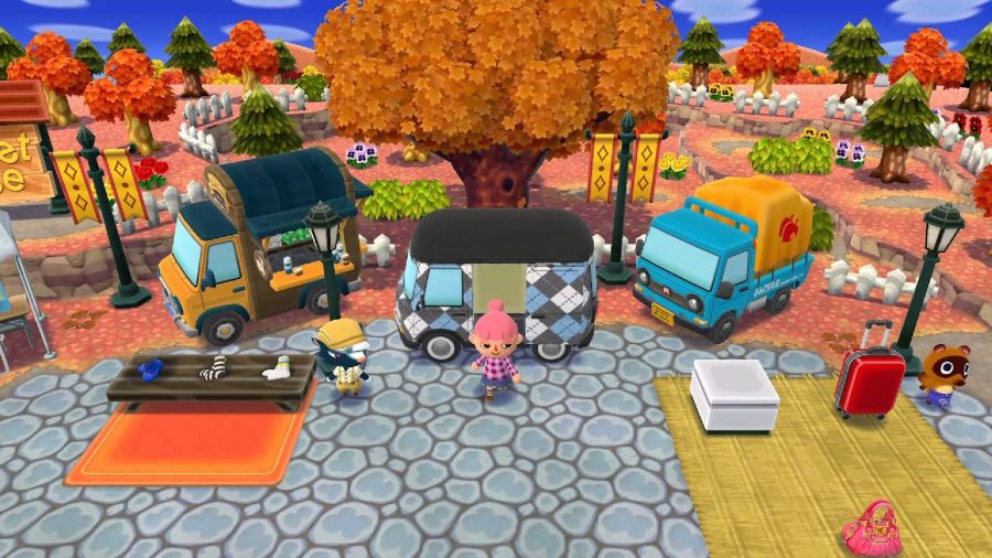 An Animal Crossing villagers stands outside by trees and a market