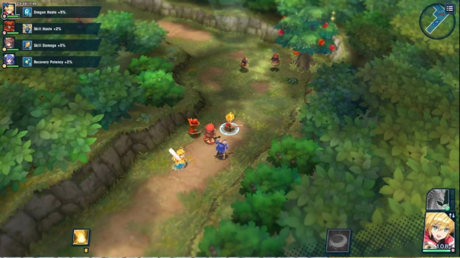 characters from Dragalia Lost explore a wooded area