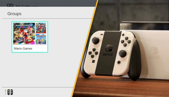 A screenshot of the main Switch home menu is shown next to a product shot of a Switch