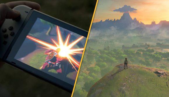 A pair of hands is seen holding a Nintendo Switch next to a screenshot from Breath of the Wild