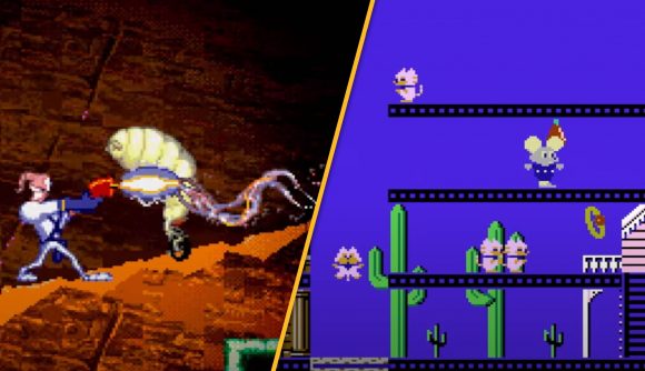Ascreenshot shows Earthworm Jim shooting an alien, while the next shows a small mouse running along a platform