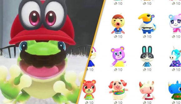 A frog wearing Mario's hat is shown next to many characters from Animal Crossing