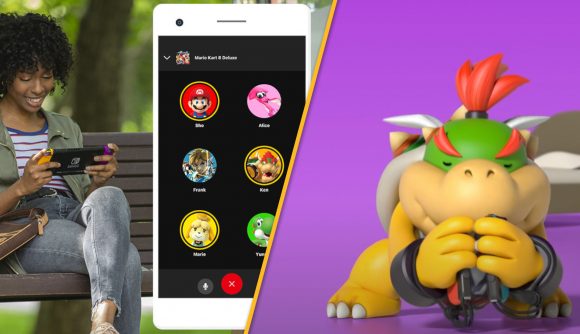 On the left, promo art for the Nintendo Switch Online mobile app, showing the app, and a woman playing her Switch on a park bench. On the right, Bowser Jr., holding a pair of joy-con.