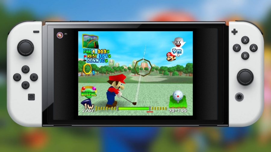 Nintendo Switch Online N64 games - A Nintendo Switch OLED model is playing Mario Golf