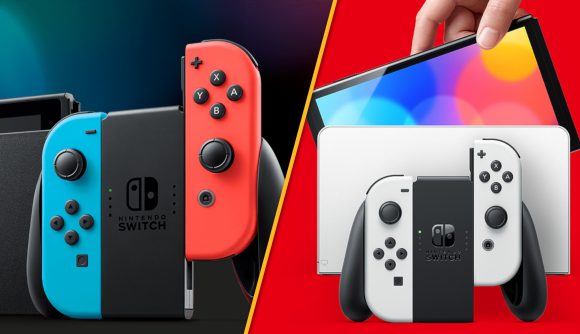 On the left, the Nintendo Switch's red and blue Joy-Con attached to the pad. On the right, the Nintendo Switch OLED model being undocked, with the white Joy-Con in the pad in front of the dock.