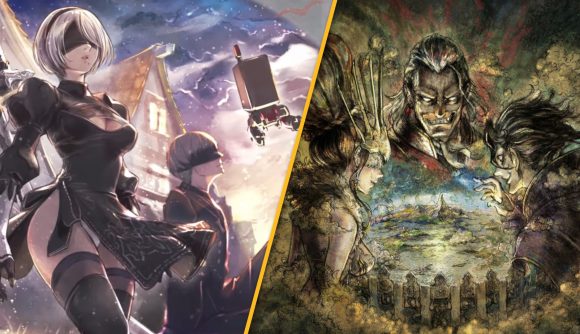 On the left, art from Nier Automata, showing 2B and 9S. On the right, art from Octopath Traveler mobile showing various characters hovering over a circle of flame.