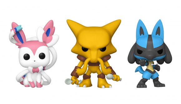 Pokémon Funko Pop figures of Sylveon, Alakazam and Lucario on a white background