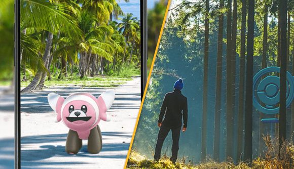 Stufful smiling and a trainer is in a forest