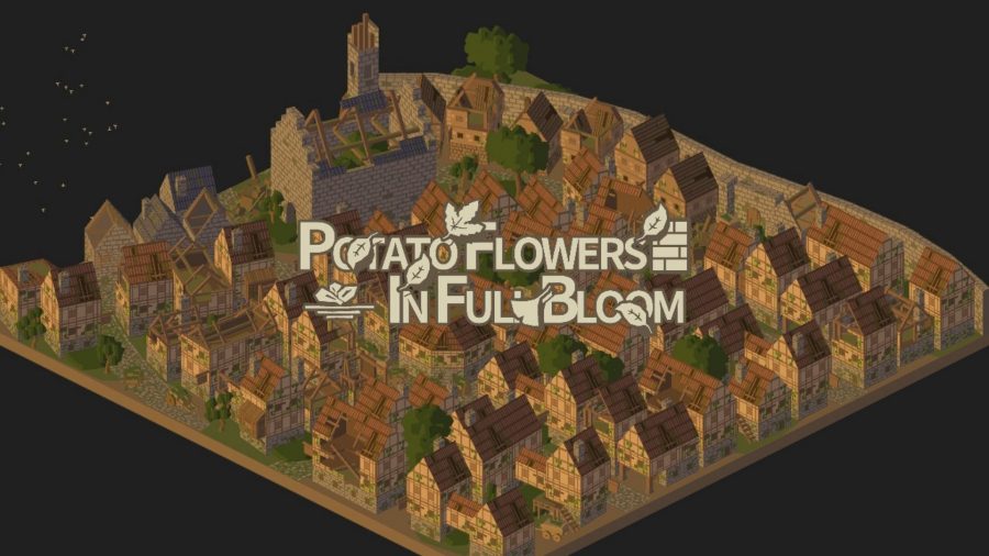 The title card for Potato Flowers in Full Bloom, showing a zoomed out image of a town that looks like a playset.