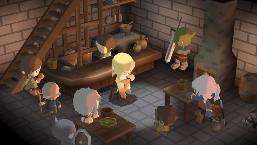 Characters from Potato Flowers in Full Bloom in a tavern, gathered around someone playing a lute.