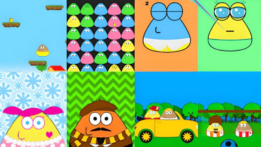 An image showing Pou, a sentient poop, in various situations, one where it's dressed as a bee, one where it's dressed as a pink cowboy, another where it's having a wash, another where it's doing stunts in a racecar.