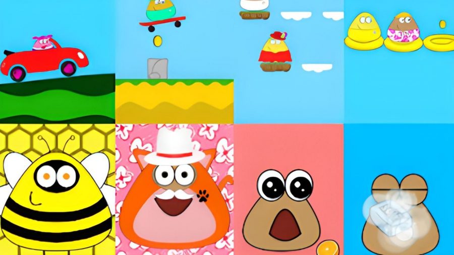 An image showing Pou, a sentient poop, in various situations, one where it's dressed as a bee, one where it's dressed as a pink cowboy, another where it's having a wash, another where it's doing stunts in a racecar.
