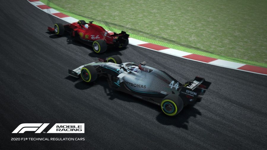 A screenshot from F1 Mobile Racing, showing a Mercedes trying to overtake a Ferrari on the outside through a corner.