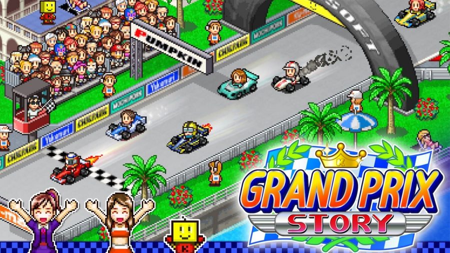 Art for Grand Prix Story, showing numerous race cars going down a track as a crowd sits in the stands.