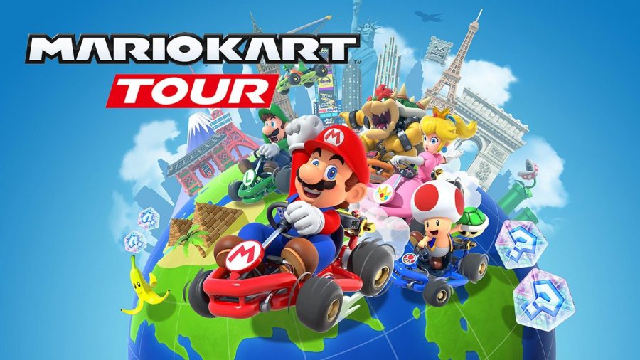 art from Mario Kart Tour showing Mario, peach, Toad, Bowser, and Luigi in go karts, with a stylised globe in the background.