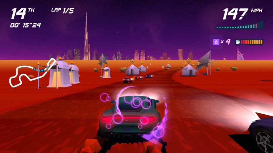 A screenshot from Horizon Chase, showing the back of a cartoon blue car, driving through a desert track with a purple sky.