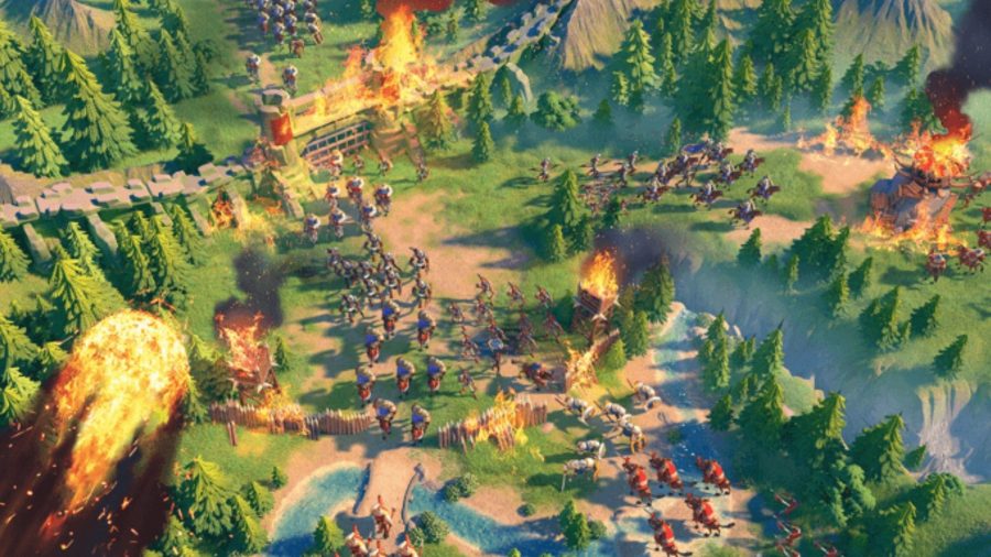 Art from Rise of Kingdoms showing fireballs raining down on a verdant landscape covered in troops.
