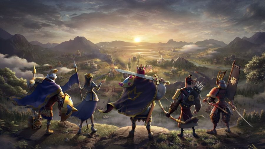 Art from Rise of Kingdoms showing five warrior characters with their backs to us.