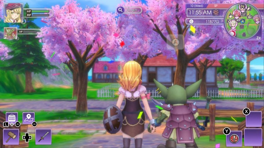 The protagonist Alice and a goblin, looking a pink trees, in Rune Factory 5.