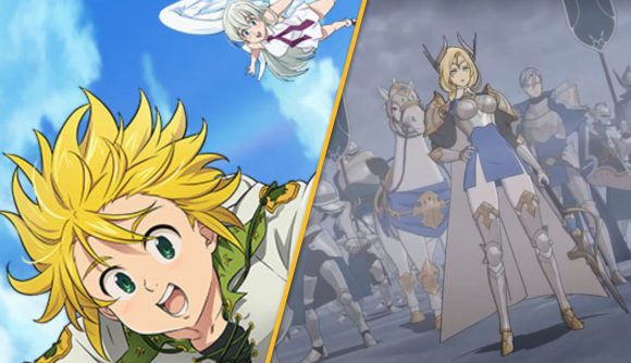A blonde guy falling from the sky and a woman stood in front of an army