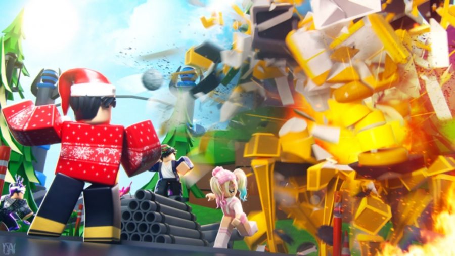 A Roblox man looks at something smashing into tiny pieces, as a Roblox woman runs away from the explosion.