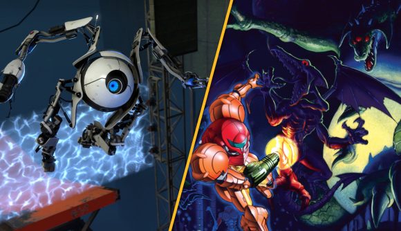 On the left, a robot from Portal 2 jumping in the air. On the right, Samus from Super Metroid fighting off Ridley.