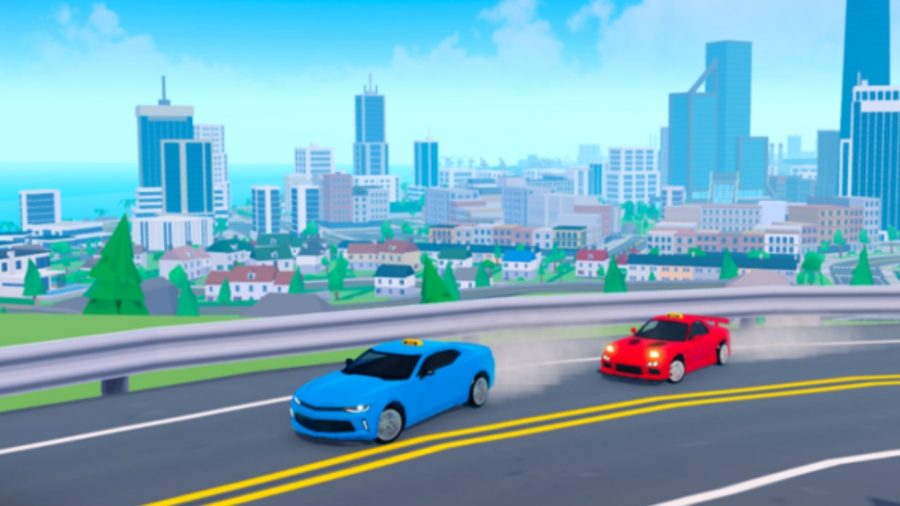 A red car and a blue car drifting on a street, with skyscrapers in the background.