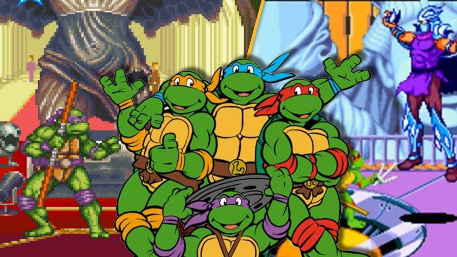 Screenshots from two TMNT games are shown next to key art of the ninja turtles