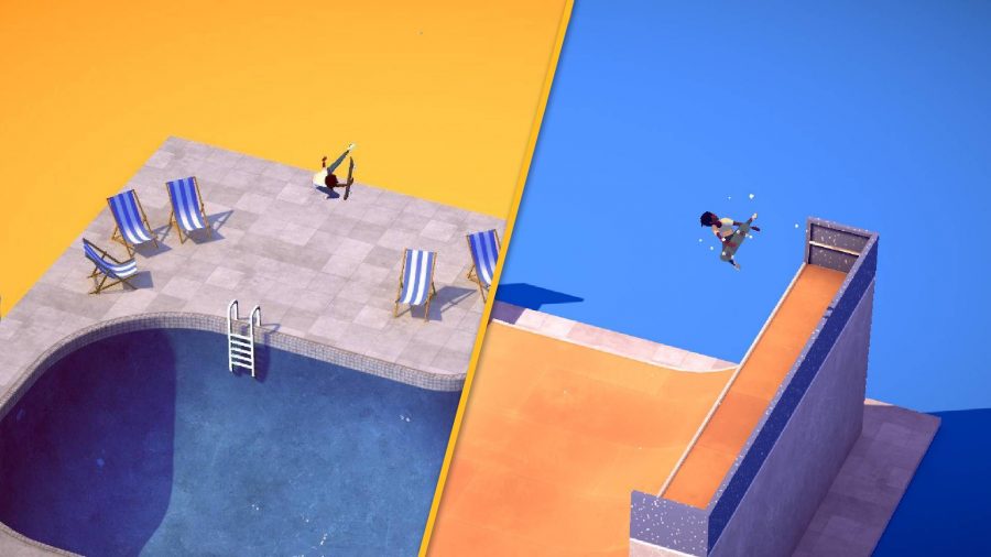 Two screenshots show skateboarders pulling off tricks in the air