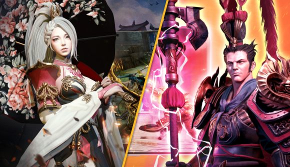 On the left, a woman with tied up white hair in a long white and red gown, holding a parasol. On the right, a man wearing a unique headless and holding a large staff, wearing hefty armour.