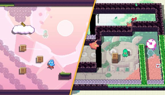 Two scenes show a snmall pixelated character navigating a dangerous level