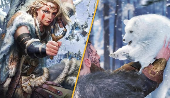 A female Viking aiming with a slingshot and a male Viking holding a happy polar bear