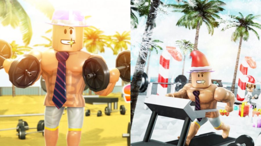 On the left, a buff Roblox dude lifting weights. On the right, a buff Roblox dude running on a treadmill in the snow while wearing a christmas hat.