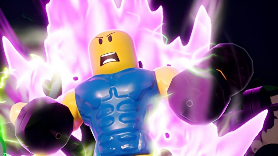 A strong Roblox character lifts two weights as he becomes engulfed in purple flames.