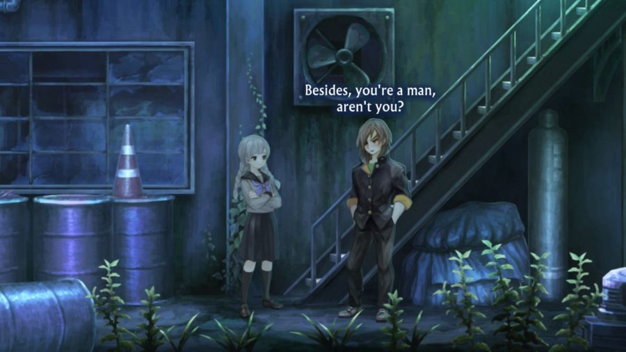 Okino and Hijiyama talk outside of a derelict factory, by some stairs, in 13 Sentinels: Aegis Rim.